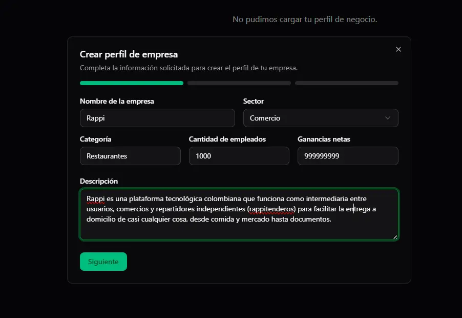 Formulario de empresa con generación de preguntas